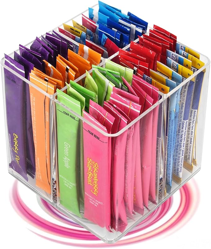 Drink Packet Organizer For Powdered Drink Mix,Powder Packet,Water Packet,Water Flavor Packet,Lazy Susan Organizer Rotating Holder for Drink Mix Necessities（Square）