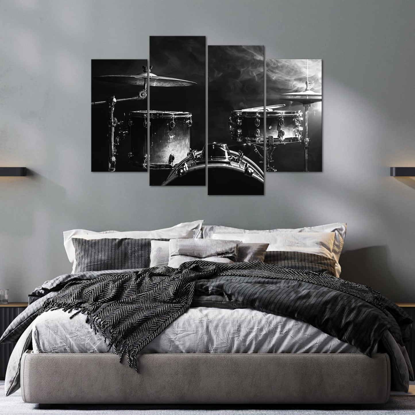 Biuteawal 4 Piece Music Canvas Wall Art Rock Band Shelf Drum Set Picture Prints Artwork Black and White Musical Instrument Modern Living Music Classroom Man cave Bedroom Decor Framed Ready to Hang