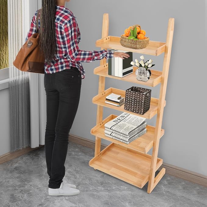Ladder Bookshelf, 5 Tier Leaning Bookshelf Leaning Ladder Shelf with Stable Structure Rustic Style Ladder Shelves Storage Rack for Living Rooms, Bedrooms, Study Rooms (Wood Color)