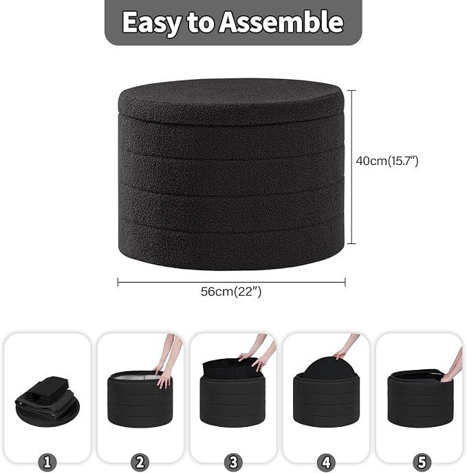 PINPLUS Round Storage Ottoman, Foldable Sherpa Ottoman Footstool Storage with Coffee Table for Living Room, Bedroom, Dorm (Dark Grey)