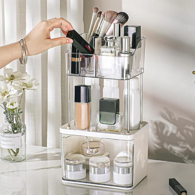 FORUP Makeup Organizer for Vanity, 2-Tier 1-Drawer Bathroom Counter Organizer, Multi-Purpose Vanity Organizer, Skincare Perfume Organizers, Cosmetic Dresser Organizer for Vanity Countertop, Clear