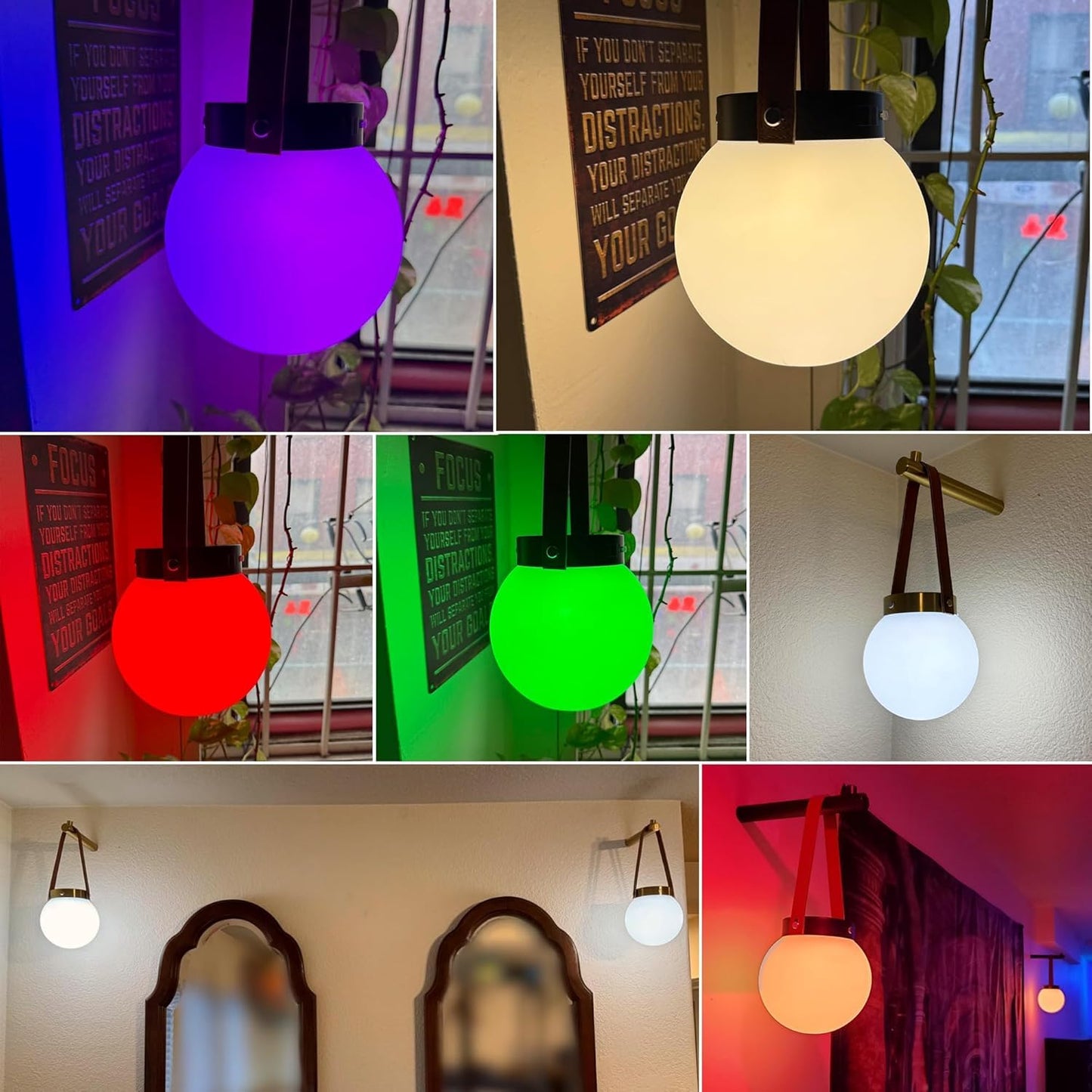 Battery Operated Wall Sconces Set of 2, Gold Wall Lamps for Bedroom with Remote Control Warm/Natural/Daylight/RGB 15 Colors Dimmable Rechargeable Wireless Globe Wall Lights Retro Living Room Hallway