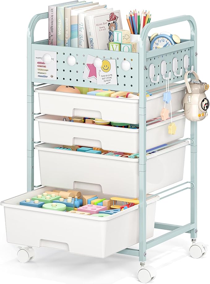 4 Drawer Rolling Storage Cart with Pegboard Top and Hooks, Mobile Organizer Cart with Wheels for Office Supplies, Craft Storage, Classroom Organization, Home Utility Cart, Green
