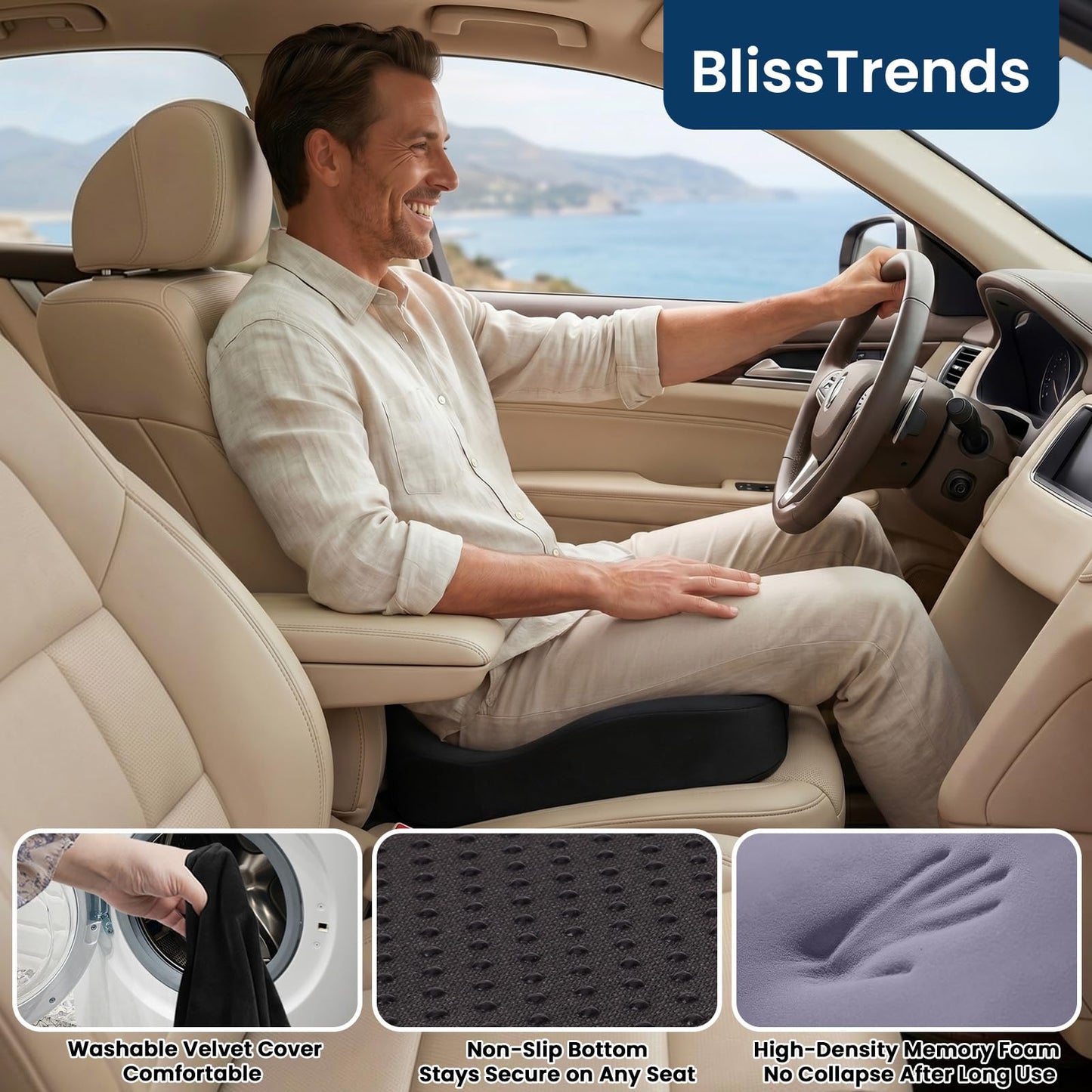 BlissTrends Seat Cushion with Velvet Cover, Thick Memory Foam Cushions for Office Chair, Car Seat, Airplane, Relieving Pressure Tailbone Sciatica Back Pain for Long Sitting, Car Drivers 4.7in Black