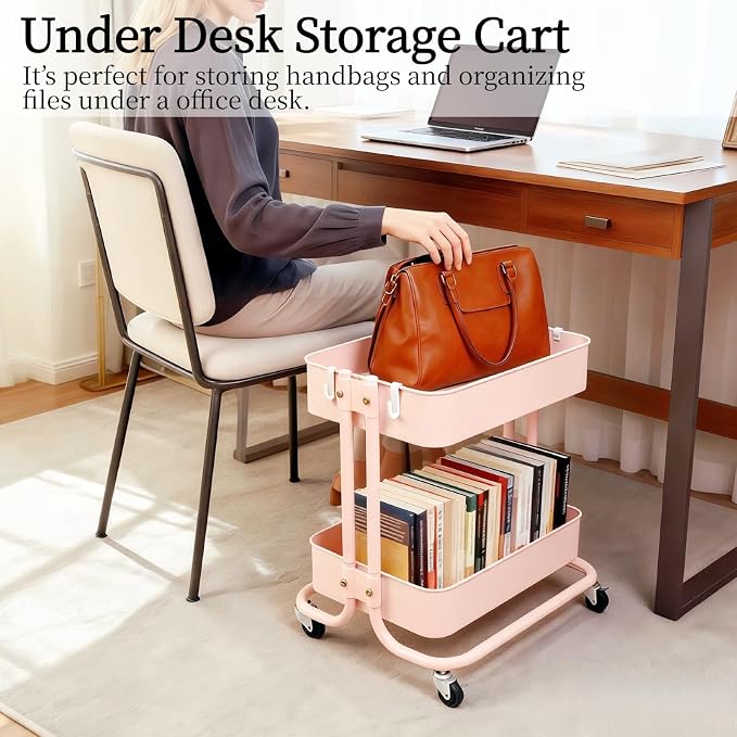2 Tier Rolling Cart with Wheels for Under Desk Storage, Pink Small Rolling Pantry Storage Cart for Small Space, Metal Short Utility Shelf for Vanity Kitchen Bathrrom Laundry Organization