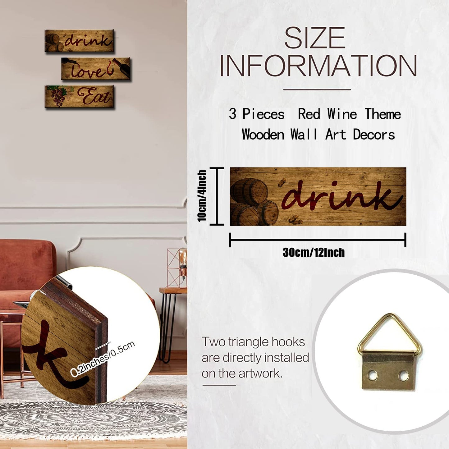 3 Pieces Red Wine Wall Art Wooden Barrel Wall Plaque Love,Eat,Drink Wood Signs Food Kitchen Decor Fruit Grape Wall Decor Retro Wine Cup/Bottle Picture for Dining Room Wine Cellar Artwork (Black)