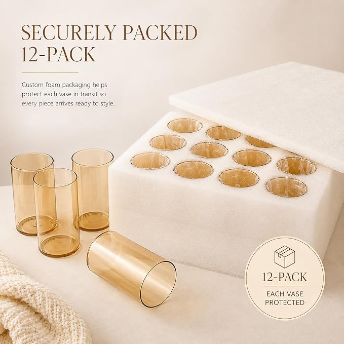 TBWIND 12pcs Gold Amber Glass Cylinder Vases for Centerpieces, 6 Inch Bulk Flower Vases for Wedding Decorations, Hurricane Candle Holder for Floating Candles and Table Home Decor