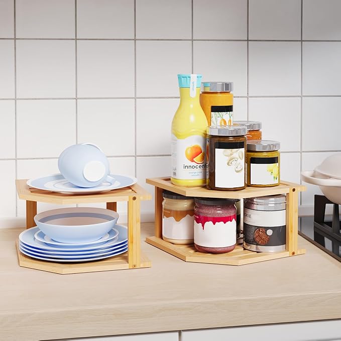 VERTORGAN Bamboo Corner Shelf,2 Tier Plate Organizer for Cabinet and Countertop,Pantry Dish and Spice Rack for Kitchen
