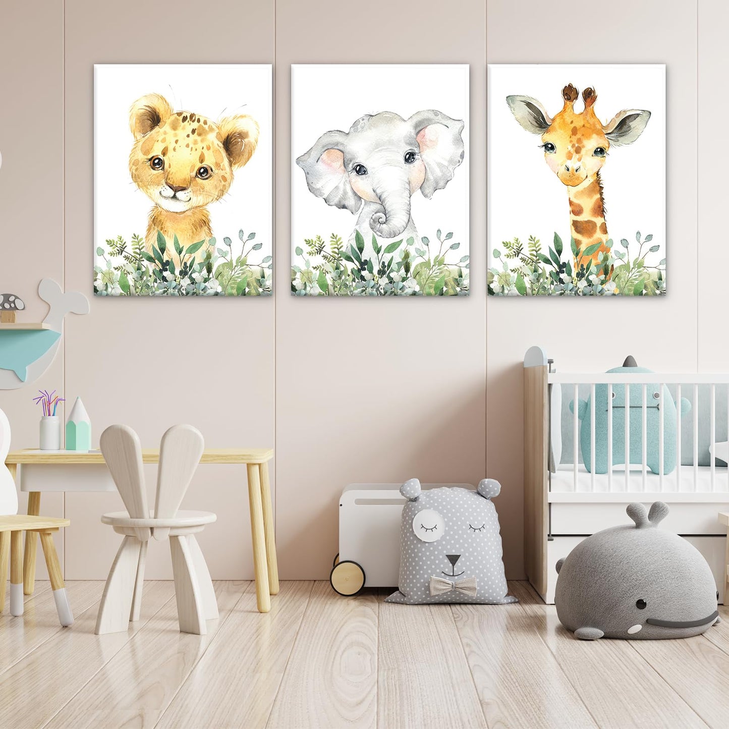 Baby Safari Nursery Wall Decor - Set of 3 Pictures Cute Animal Wall Prints on Canvas Jungle Nursery Safari Decor Gifts for Baby Boys and Girls Room, Framed Wall Art 12 x 16 Inch