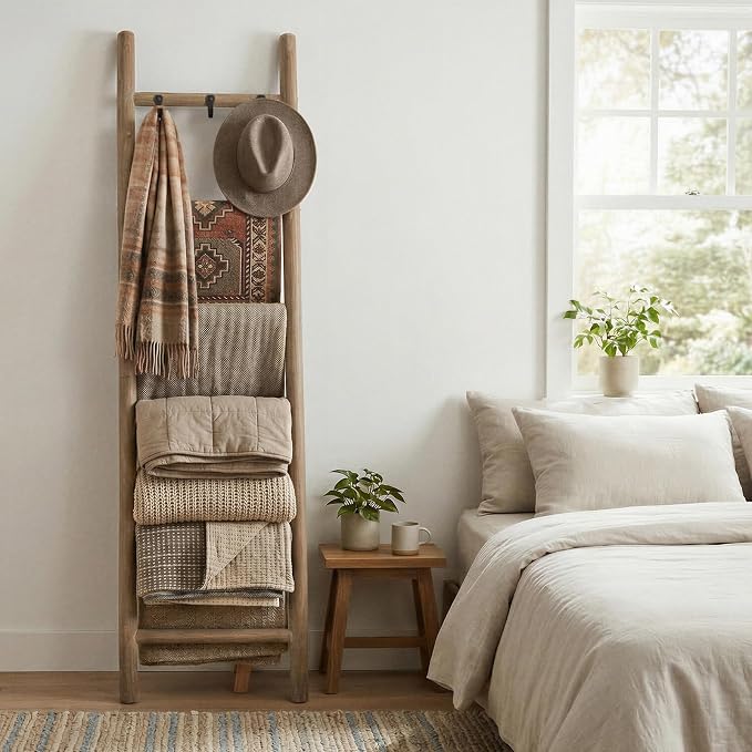 Wooden Blanket Ladder - 76in Natural Wood Color- Leaning Wall Decor for Bedroom, Bathroom, Living Room - Rustic Quilt Holder (Brown (Knock Down), 76in | Knock Down)