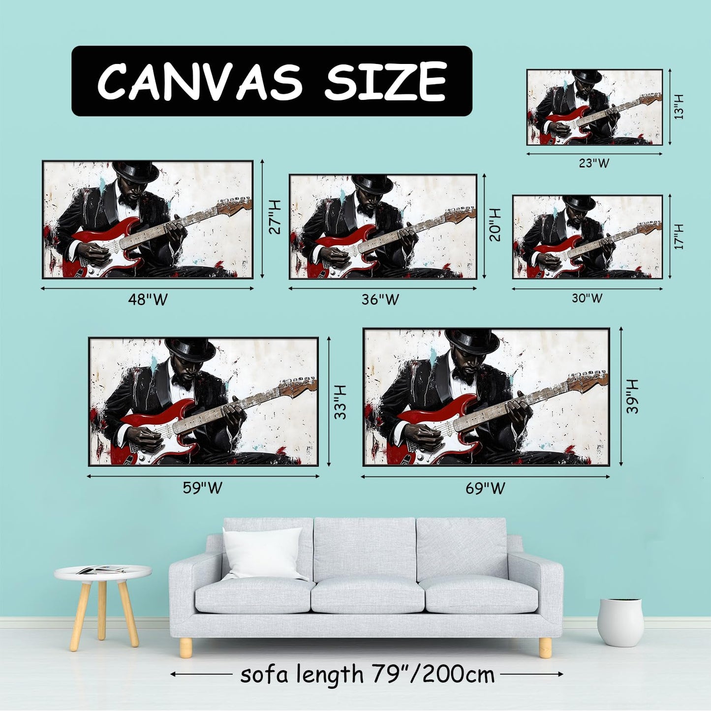 Abstract Jazz Music Canvas Wall Art, Black Musician Canvas Print, Guitar Player Wall Art, Red and Black Picture, Red Guitar Poster, Modern Artwork for Living Room (Gold Framed, 23"x13" | 60x35cm)