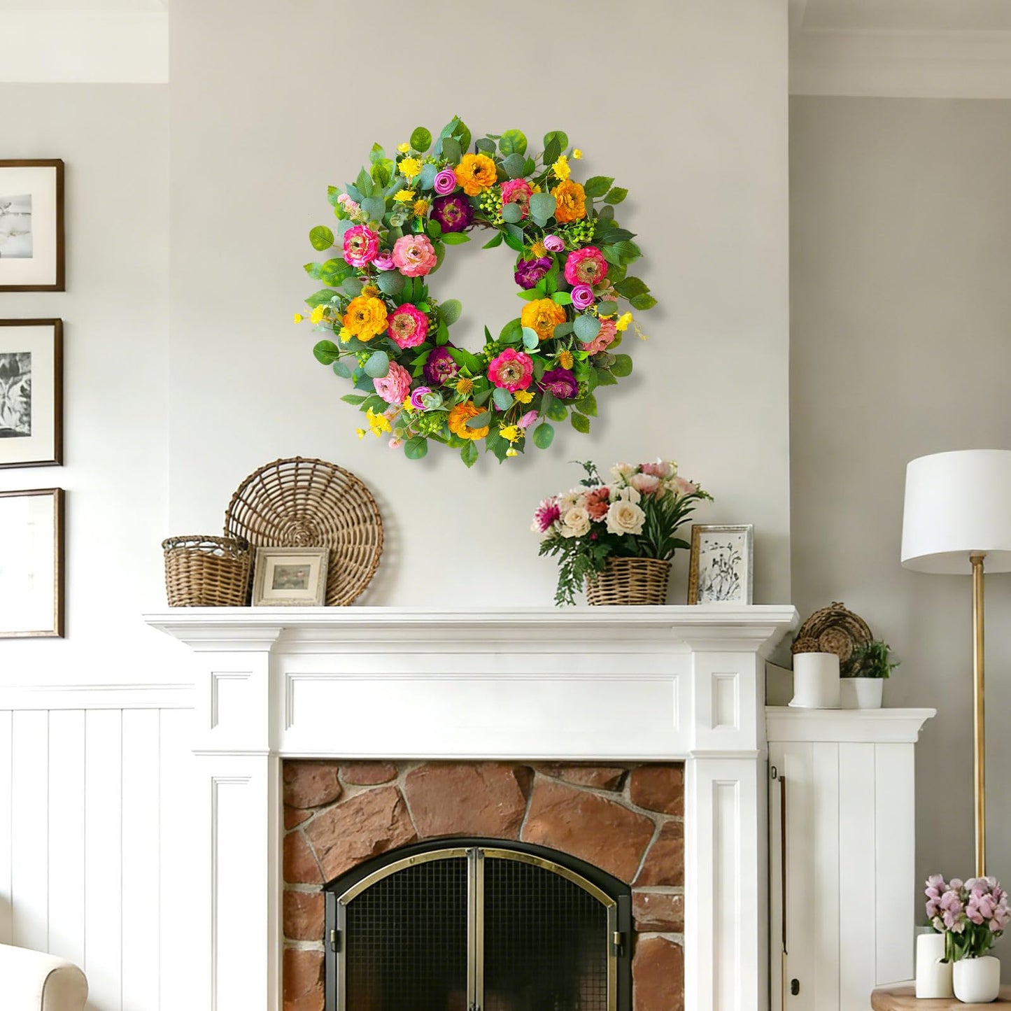 CHvista Spring Wreaths for Front Door 24 Inch Outdoor Spring Wreath with Peony Rose Ranunculus & Eucalyptus,Handmade Silk Summer Wreaths for Front Door,Spring Door Wreath for Porch Home Wall Window