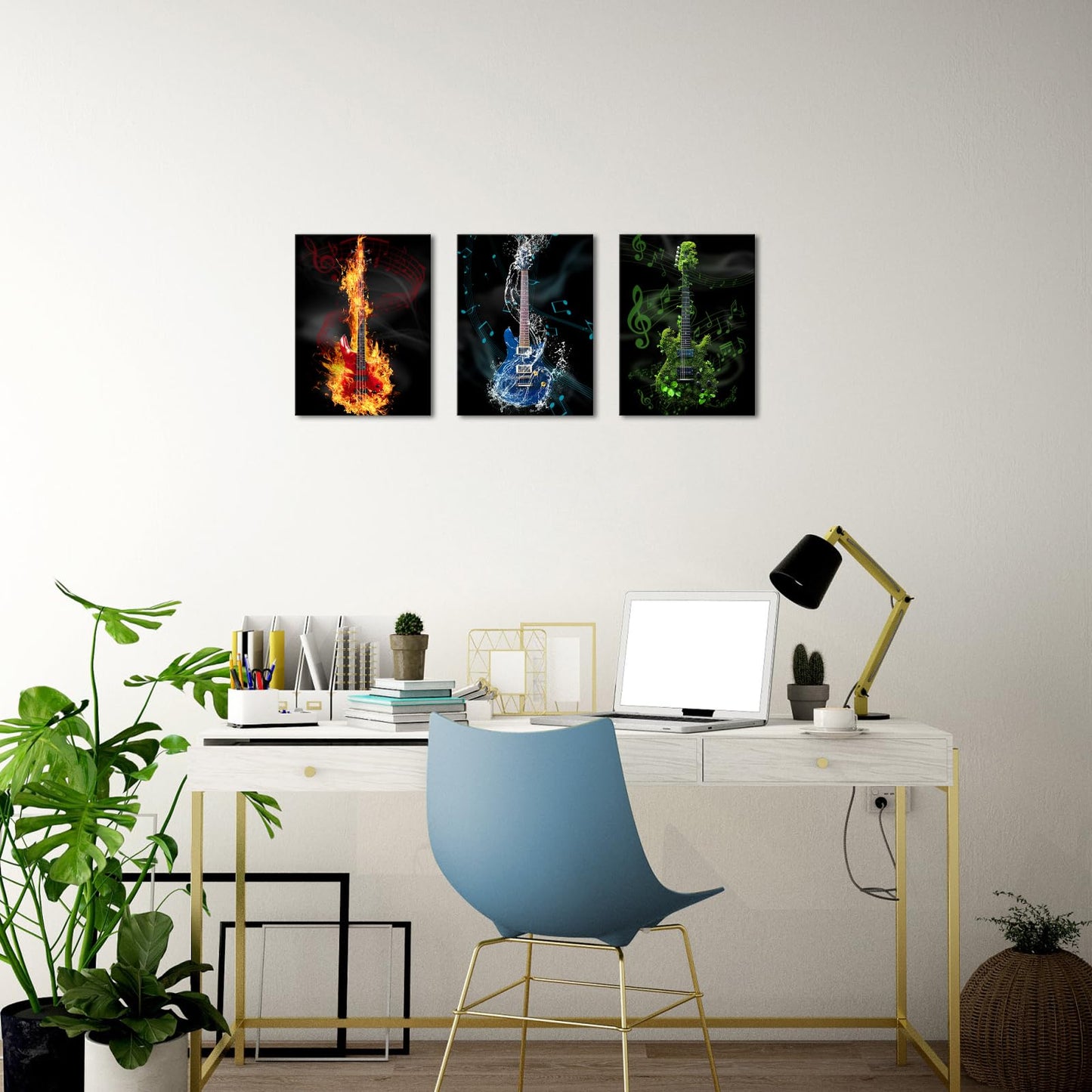iLOOKLiKE 3 Pieces Red Blue Green Guitar Art Wall Decor Musical Instruments Themed Painting Pictures Music Notes Canvas Prints Framed for Studio Living Room Decoration Ready to Hang 12x16inchx3pcs