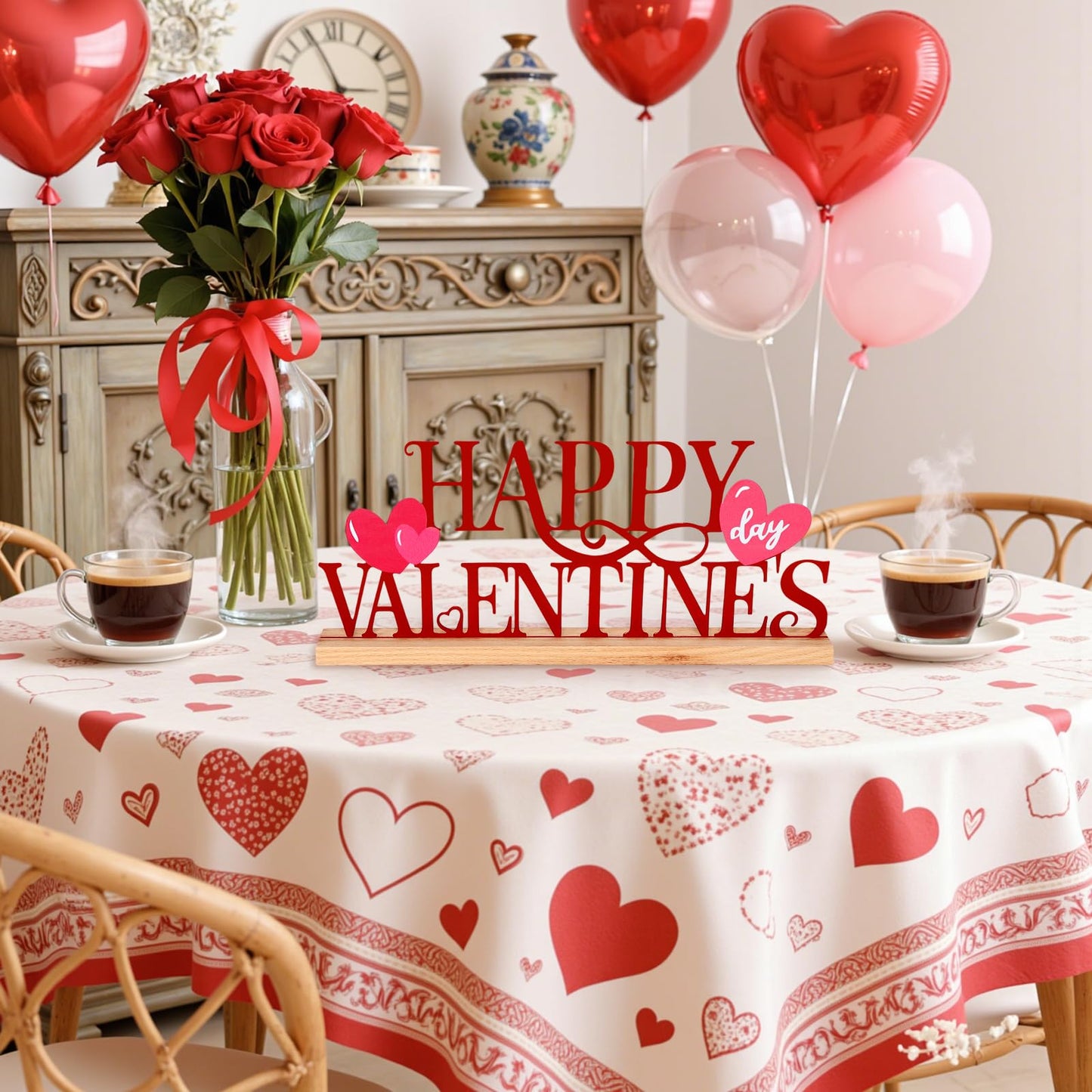 ASTNIC Metal Happy Valentine's Day Sign,Valentines Day Decorations Indoor Romantic Heart Word Valentines Day Table Decorations with Wooden Base for Home Decor Party Wedding Shelf Tabletop Centerpiece Gifts (Red, Happy Valentine’s)