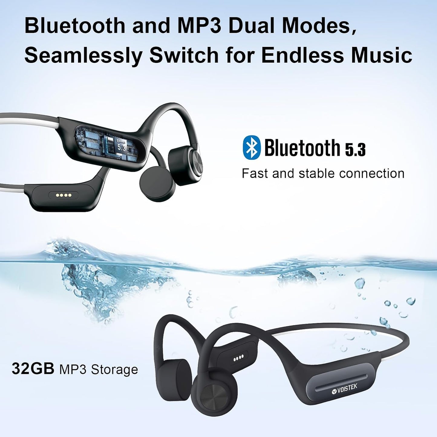 32GB MP3 Swimming,IP68 Voistek Bluetooth Bone Conduction Headphones with Mic,Built-in Player for Waterproof