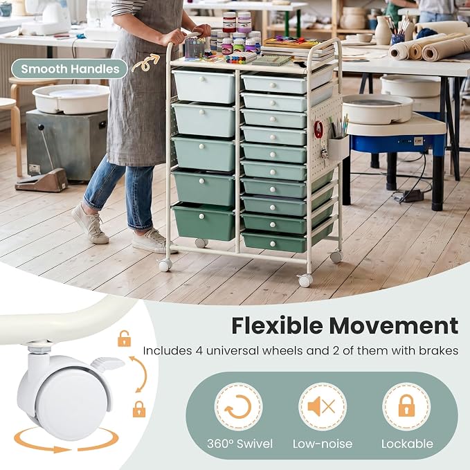 Giantex 15 Drawer Storage Cart, Rolling Craft Cart with Metal Tabletop & Pegboard, Mobile Utility Organizer Trolley with Locking Wheels, Home Office, Green Gradient