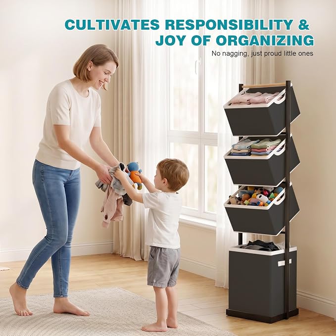 4-Tier Laundry Hamper Sorter, Vertical Laundry Sorter with Removable Basket, Stackable Laundry Cart Organizer and Storage 125L for Small Space, Dorm, Closet, Bathroom Black