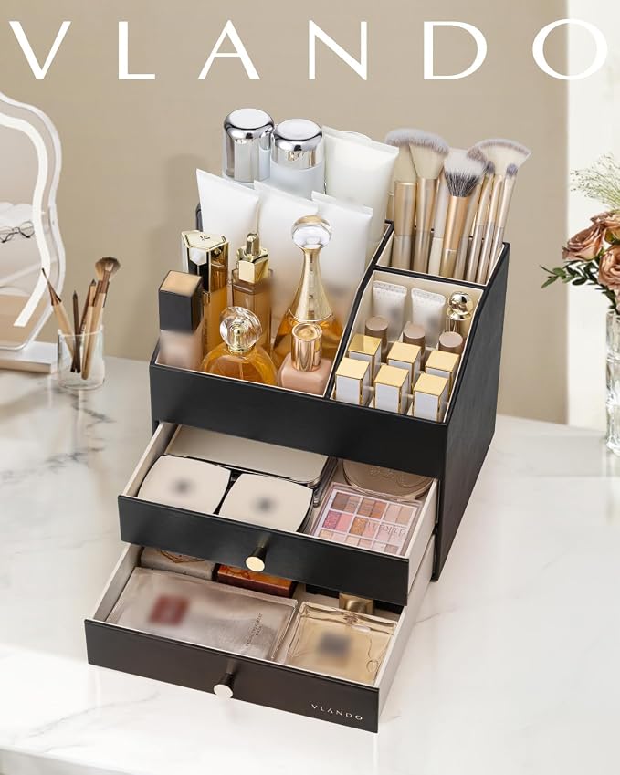 VLANDO Makeup Organizer for Vanity,Large Capacity Countertop Organizer with Drawers, PU Leather Cosmetic Display Case for Lipstick,Brushes,Skincare,Bedroom Storage (Black)