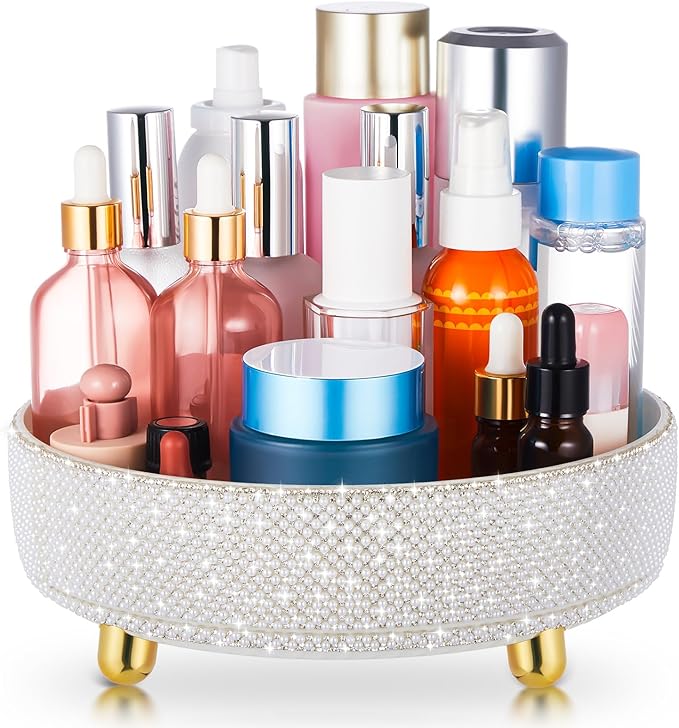 Honeydak 360 Rotating Perfume Organizer Gift for Women, Rhinestone Preppy Skincare Organizer Bathroom Counter Makeup Holder Skincare and Perfume Storage for Cosmetic(1 Tier,Pearl,White)