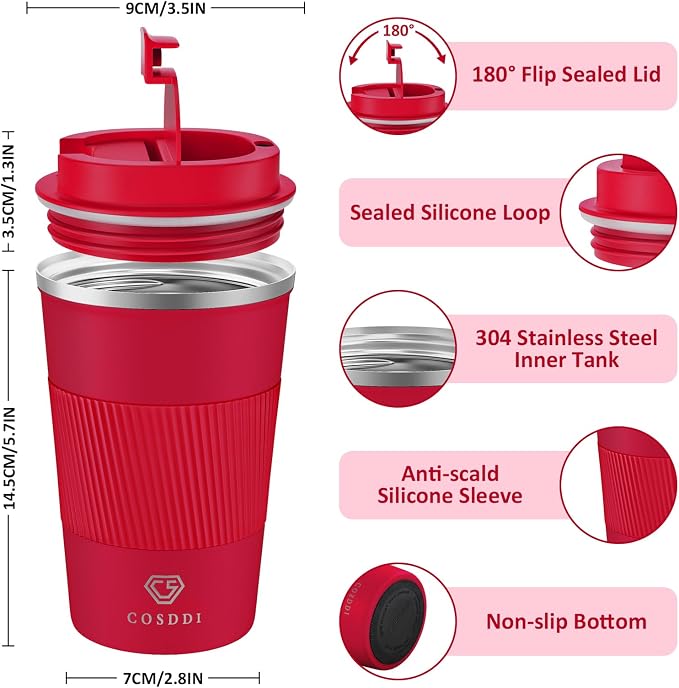 CS COSDDI 12 oz Stainless Steel Vacuum Insulated Tumbler - Coffee Travel Mug Spill Proof with Lid - coffee Cup for Keep Hot/Ice Coffee,Tea and Beer (Red)