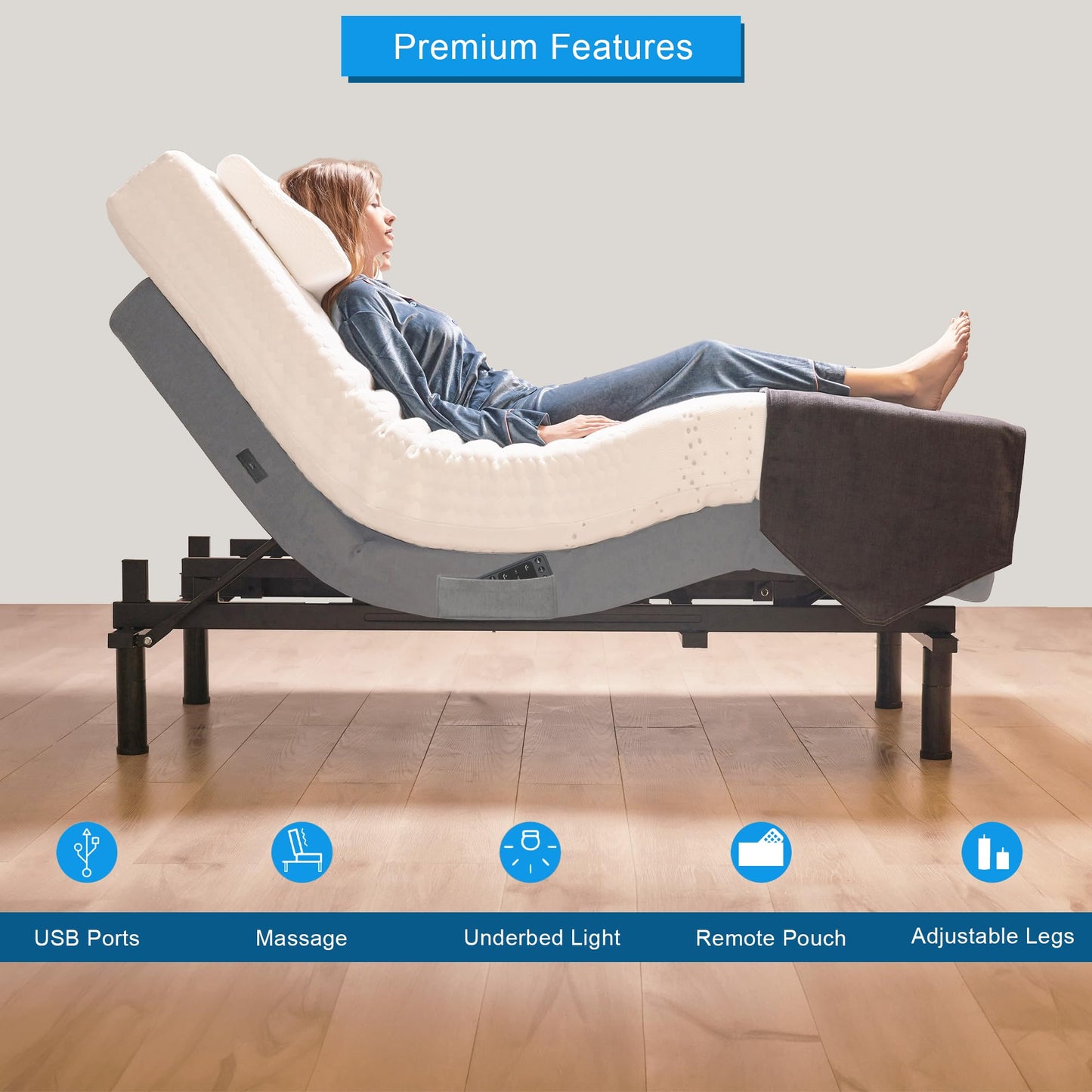 Irvine Home Collection Queen Adjustable Bed Base | Dual Massage | USB Ports | Zero Gravity | Anti-Snore | Memory Positions | Under Bed Lighting | Wireless Remote | Zero Clearance