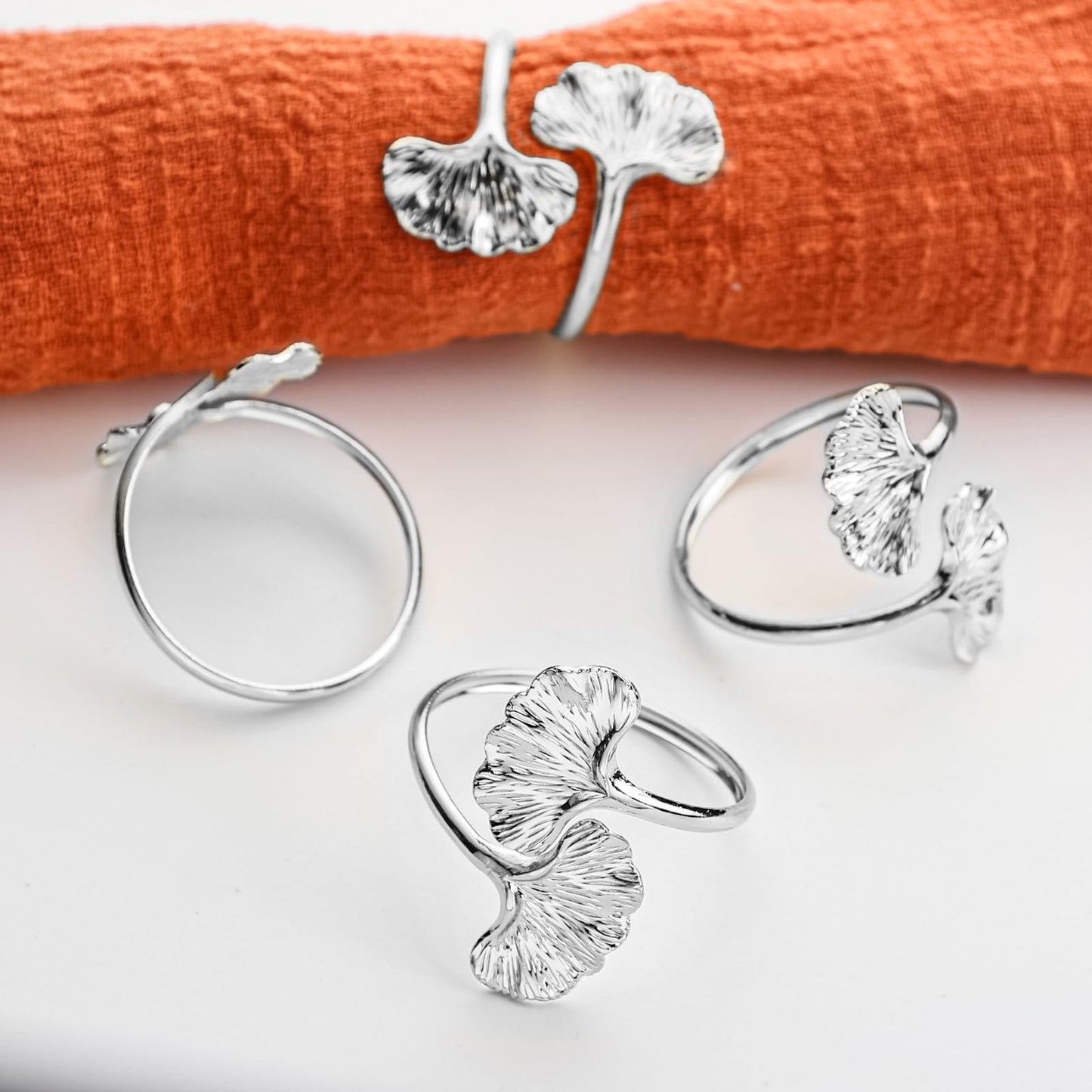 Ginkgo Leaf Napkin Rings Set of 12 Stainless Steel Gold Napkin Holder Metal Napkin Ring for Dinner Party Wedding Banquet Buffet Table (Silver, Ginkgo Leaf)