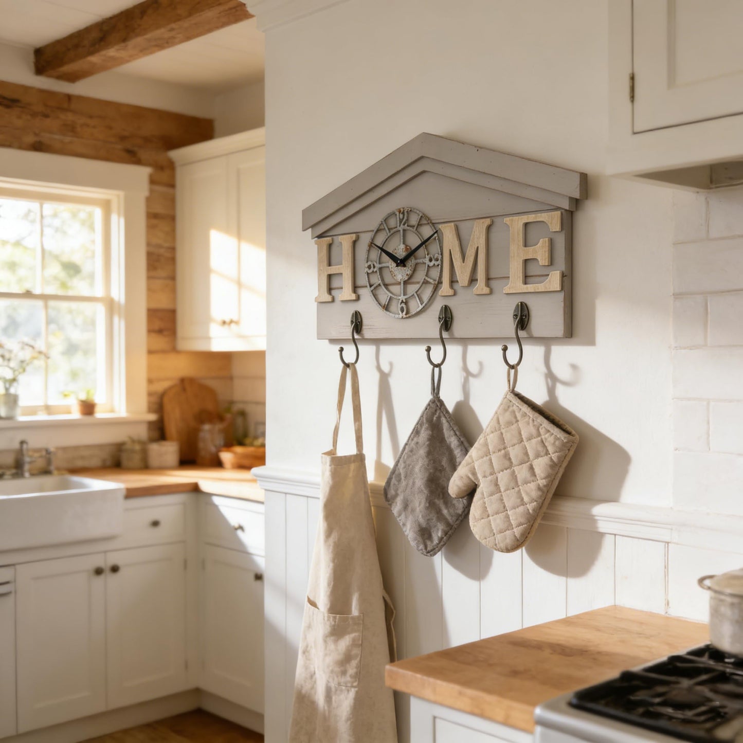 Farmhouse Battery Operated Wall Clock with Hooks Rustic Wooden Entryway Organizer with 3 Metal Hooks Key Hanger HOME letters Silent Quartz Clock Key Holder Wall Decor for Entryway Kitchen, Living Room