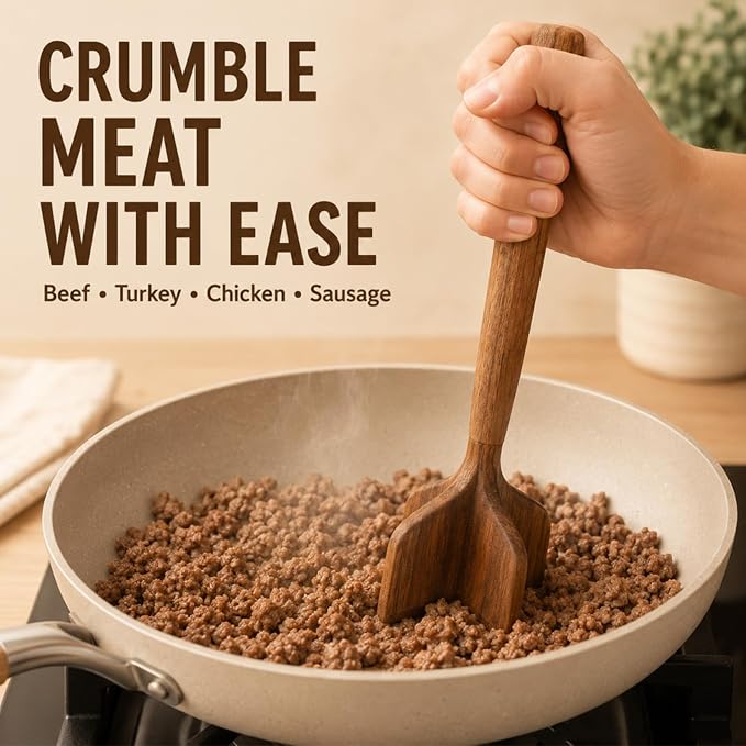 Teak Wooden Meat Chopper 3-Piece Set, Ground Beef Masher,Burger Crusher, Natural Non-Stick Durable Meat Hammer, Includes Wooden Scraper and Cleaning Brush