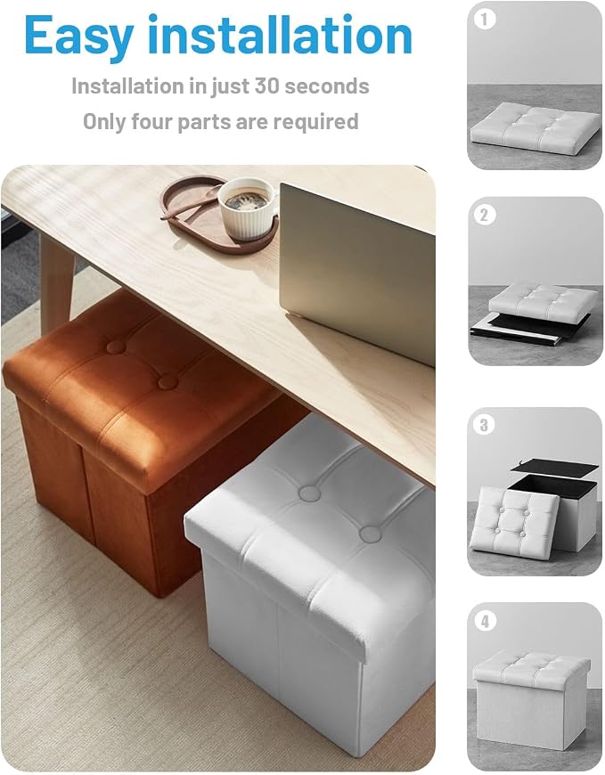 AmasSmile 2PC Storage Ottoman Foot Rest Stool, 17 inch Velvet Footstool Bench, Short Ottomans Stool, Small Folding Storage Ottoman Store Books, Records, White