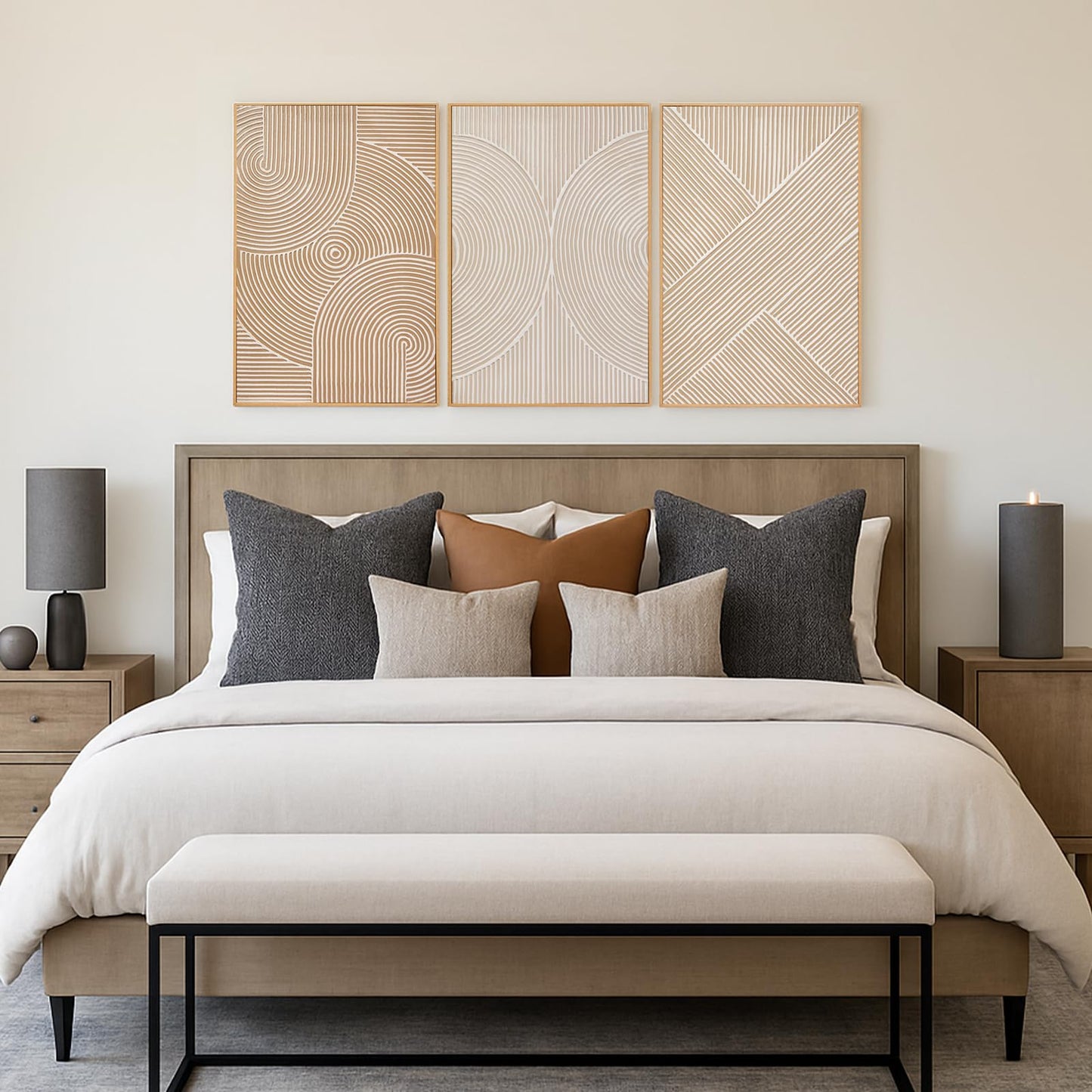 Zessonic Neutral Minimalist Textured 3D Wall Art Abstract Hand-Painted Framed Wall Decor Geometric Artwork Canvas Paintings- Living Room Bedroom Office - Modern Boho Neutral Line 16"x24" 3 piece