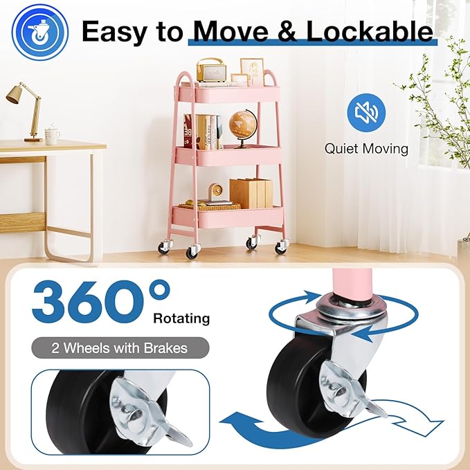 OLIXIS Metal Utility Cart, Mobile Rolling Storage Shelf with Lockable Caster Wheels, Organization for Livingroom, Bathroom & Narrow Places, 3 Tiers Pink