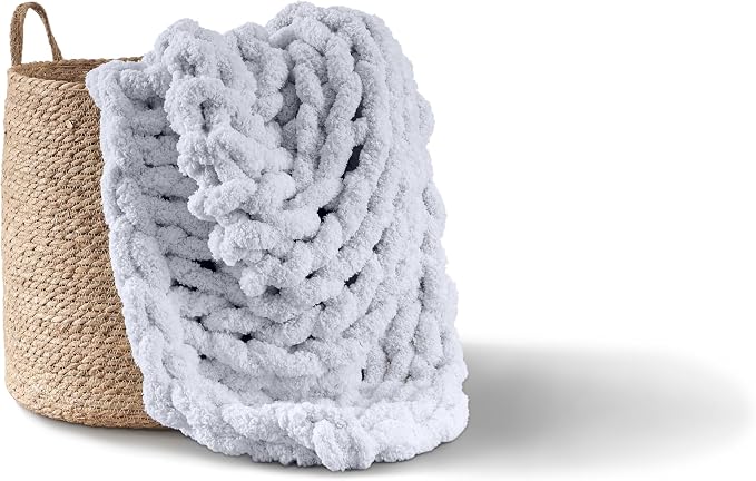 Adyrescia Chunky Knit Blanket Throw | 100% Hand Knit with Jumbo Chenille Yarn (50"x60", Light Gray)