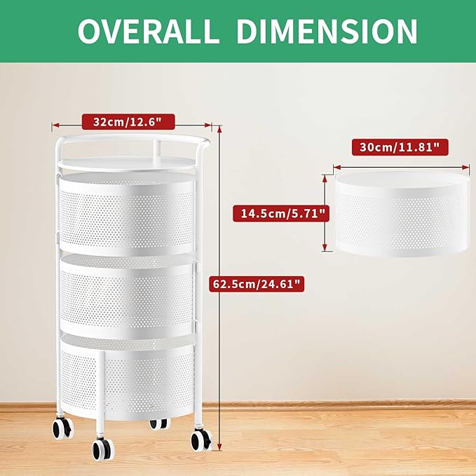 JAQ No Assembly Integrated Rotating Storage Cart, 3-Tier Rolling Storage Cart with Wheels, Solid Carbon Steel Onion Potato Storage, Kitchen Storage Cart, Vegetable Storage Cart, White
