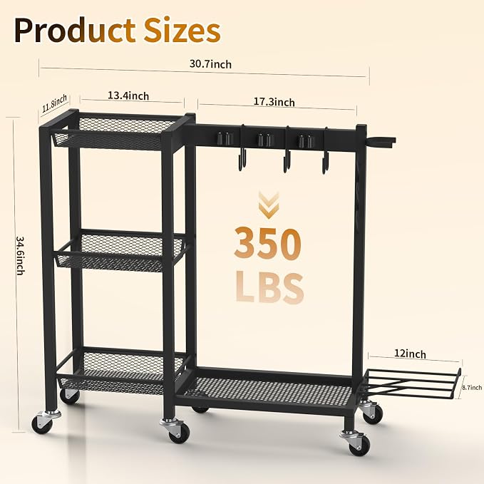 Broom Holder with Cleaning Supplies Organizer Load 350 LBS Cleaning Cart with Wheels Broom Closet Storage with 3-Tier Shelves, 6 Mop Hanger Grippers, 3 Double-Hooks, Vacuum Stand for Laundry Garage