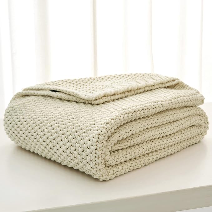 Chunky Cable Knit Throw Blanket Lightweight Cream 100% Organic Cotton Blanket for Sofa Couch Bed Baby Nursery, Rustic Shabby Chic Modern Farmhouse, 51” x 63” Give Laundering Bag