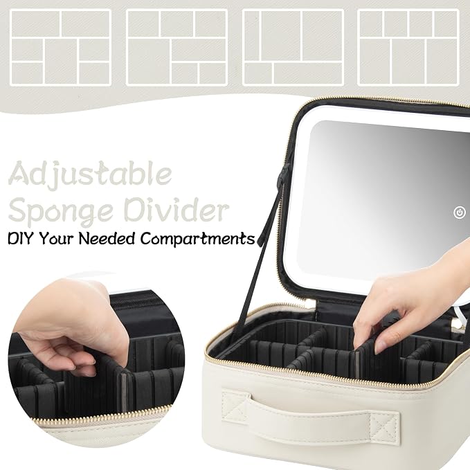 Extrei Gent Makeup Travel Train Case with Mirror LED Light 3 Adjustable Brightness Large Cosmetic Bag Portable Storage Adjustable Partition Waterproof Make up Brushes Makeup Jewelry Gift for Women