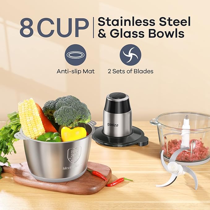 GANIZA Food Processors, Electric Food Chopper with Meat Grinder & Vegetable Chopper - 2 Bowls (8 Cup+8 Cup) with Powerful 450W Copper Motor - Includes 2 Sets of Bi-Level Blades (Silver)