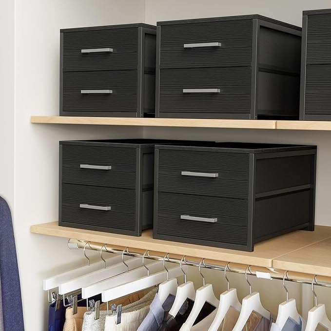 BOLUO Stackable Storage Drawers Narrow Closet Organizers and Storage Fabric Black 2 Drawer Dresser for Bedroom Modern