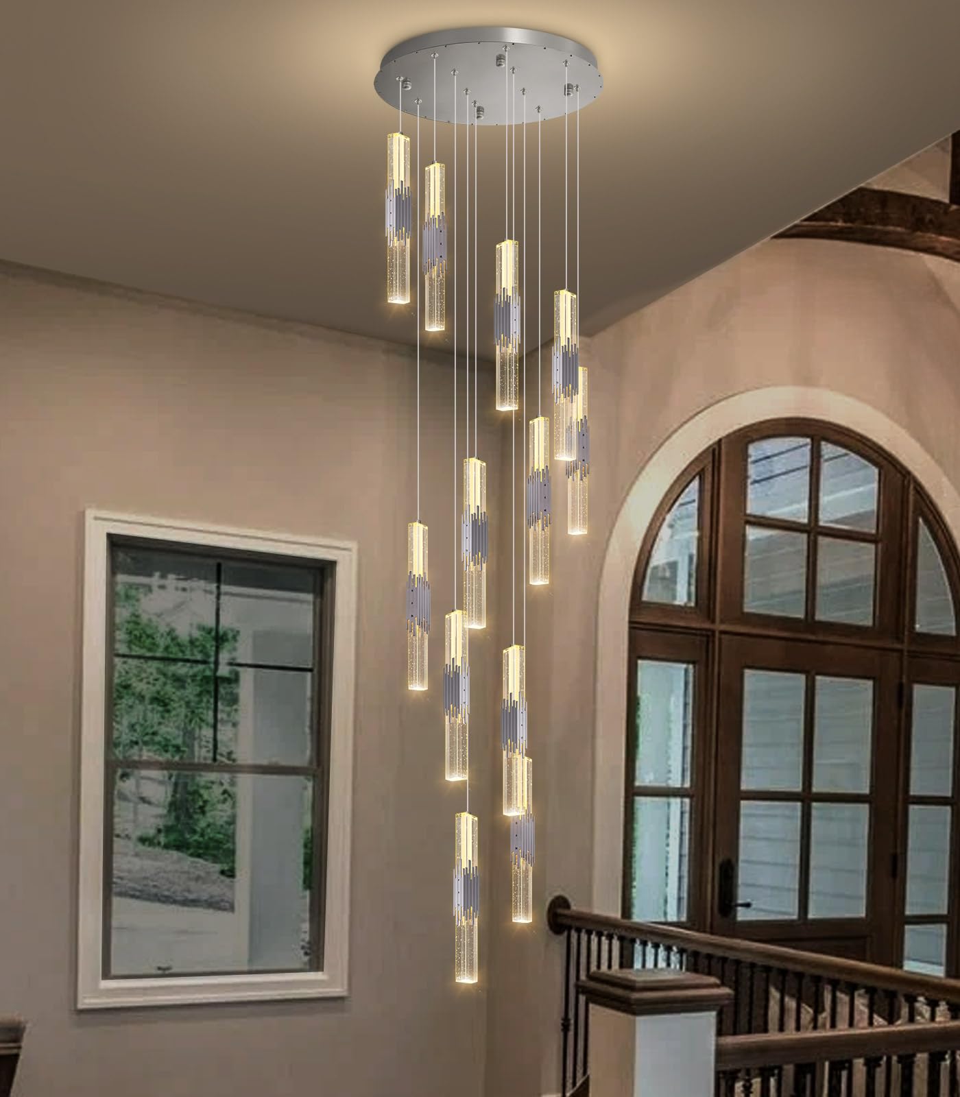 12-Lights Modern Crystal Chandelier for High Ceiling Dimmable LED Pendant Lighting Long Light Chandelier for Staircase Foyer Enterway Living Room Silver
