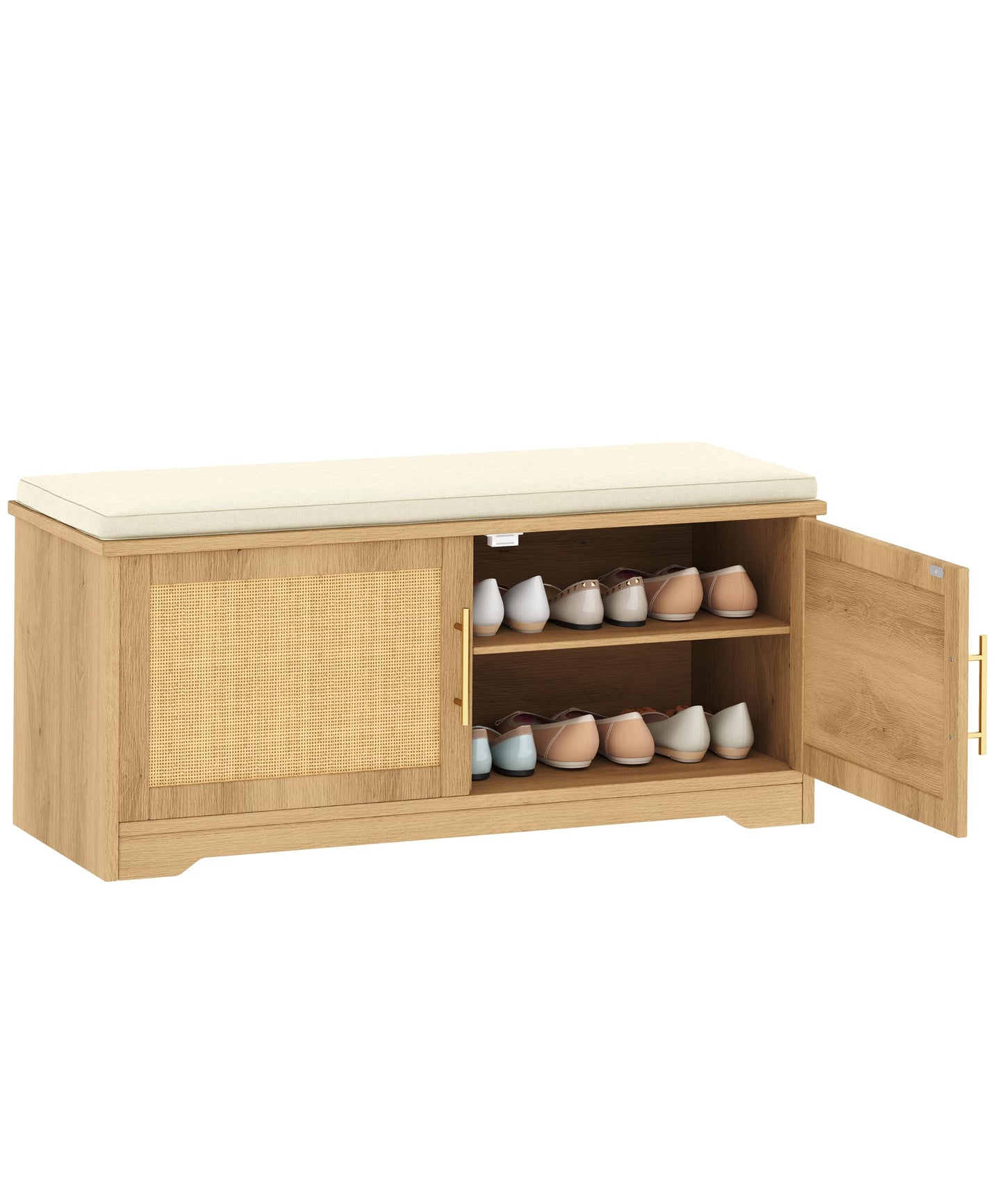 Zeibospri Rattan Shoe Storage Bench with Cushion, 39.4" Wide Entryway Bench with Adjustable Shelf, Hidden Shoe Organizer Cabinet, for Hallway, Living Room, Bedroom, Natural Oak