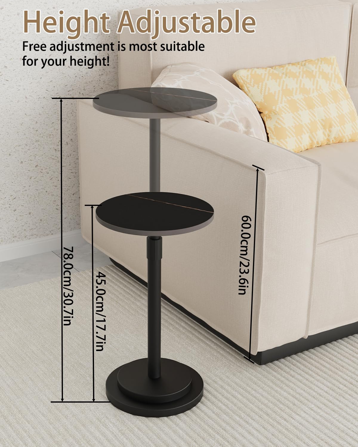 GUOHNHE Height Adjustable Drink Table, Vintage Round Indoor Metal Plant Stand, for Small Spaces, Living Room, Bedroom, Cocktail, 1 Pack, Black, GBZ001CB-1