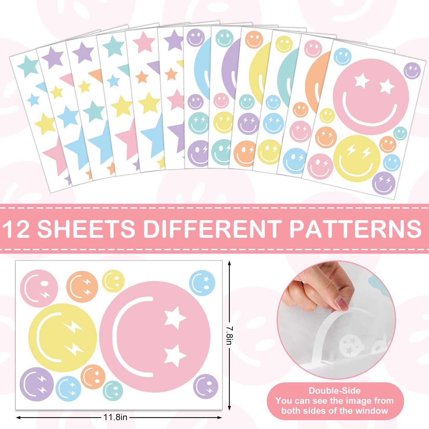 Whaline 12 Sheets Preppy Wall Stickers Pastel Smile Face Star Wall Decals Aesthetic Room Mural Stickers for Back to School Party Home Nursery, 7.9 x 11.8 Inch