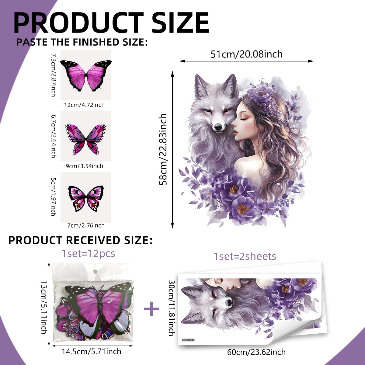 Siraveil Art Wolf Wall Stickers with Butterfly Flowers Fairy Wall Art Decals, 12 Butterflies PVC Decor for Nursery Living Room Bedroom Kids Room 23.6x11.8 Inch