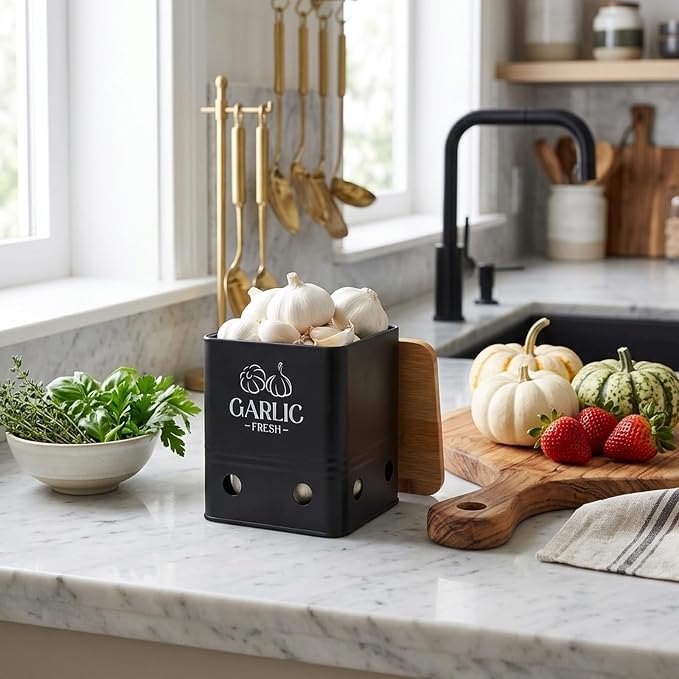 Simcat Kitchen Vegetable Storage Tins Set of 3, Potato Onion Garlic Kitchen Storage Canisters, Vegetable bin Keeper Containers with Aerating Holes and Wooden Lid (Black 1)