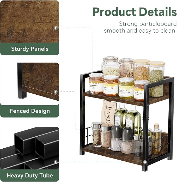Simple Trending Countertop Shelf Organizer, 2 Tier Kitchen Spice Rack, Coffee Bar Station Storage, for Kitchen Cabinet Bathroom Living Room, Brown, M