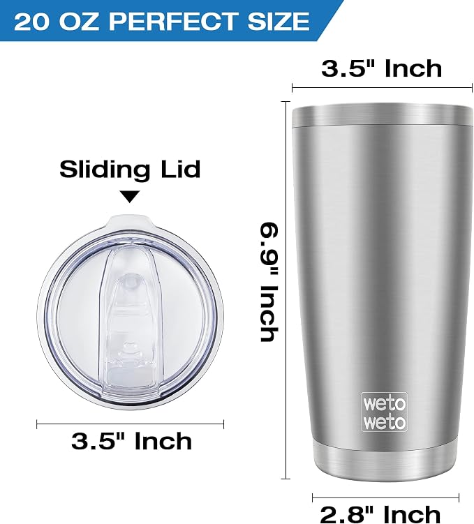 WETOWETO 20oz Tumbler, Stainless Steel Vacuum Insulated Water Coffee Tumbler Cup, Double Wall Powder Coated Spill-Proof Travel Mug Thermal Cup for Home Outdoor (Stainless, 1 Pack)