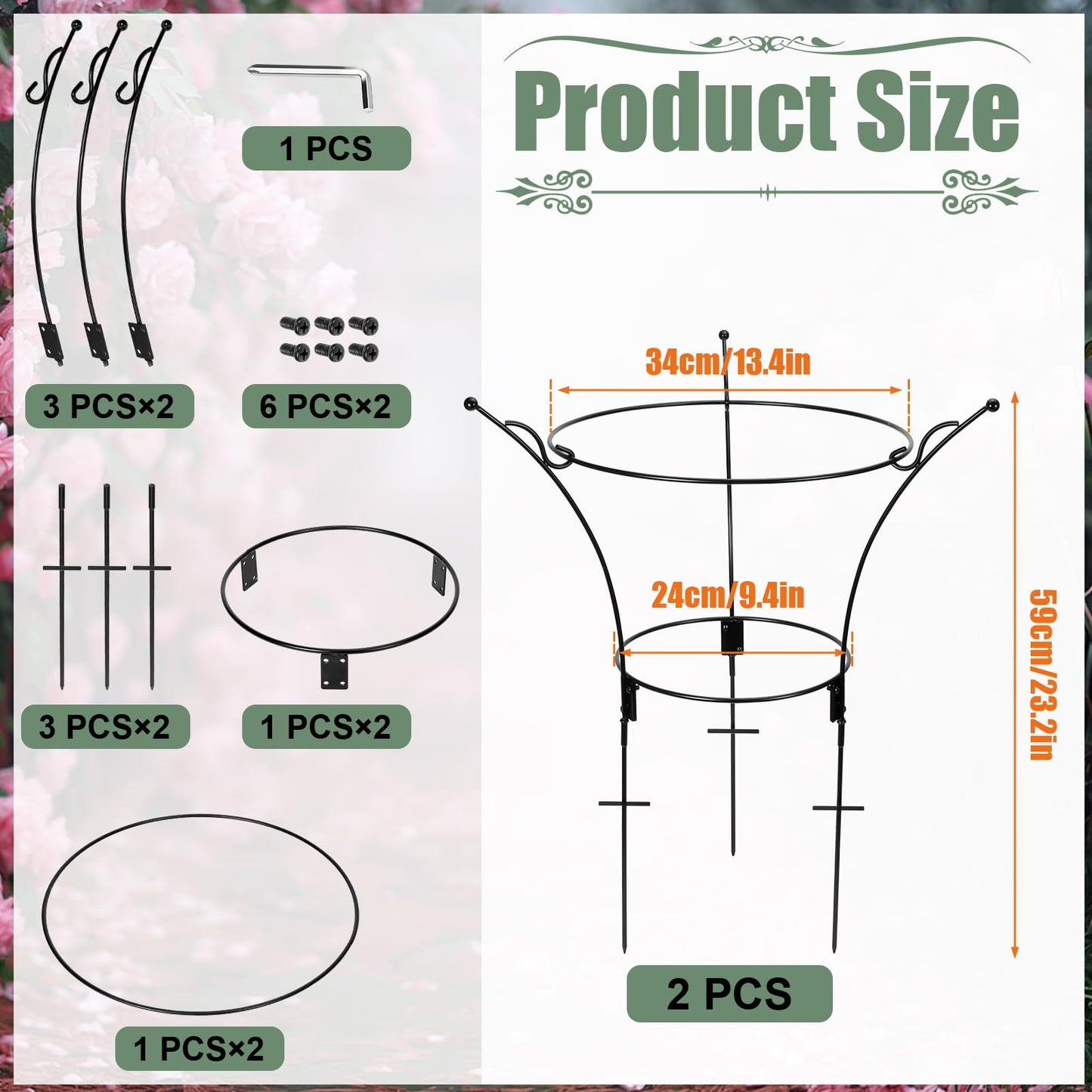 VICAMB 2 Pack Large Peony Cages and Supports,23.2" H X 13.4" D Metal Peony Support Rings,Tall Plant Support Garden Stakes for Outdoor Plants and Other Flopping Flowers