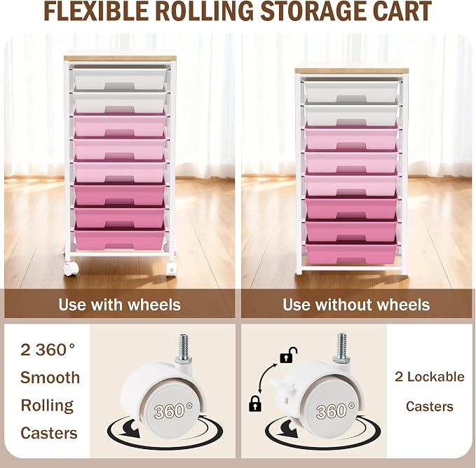 Rolling Cart with 8 Drawers, Storage Drawers Cart with Wooden Tabletop and Lockable Wheels, Craft Storage for Living Room, Office, Classroom, Craft Room, Bedroom