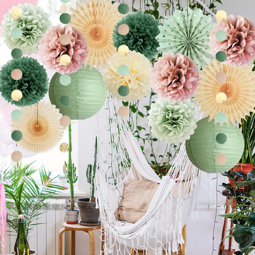 Sage Green and Dusty Pink Party Decorations Retro Olive Sage Green and Dusty Rose Party Decorations Cream Poms Beige Fans for Boho Pink Birthday Baby Shower Bridal Shower Wedding Engagement