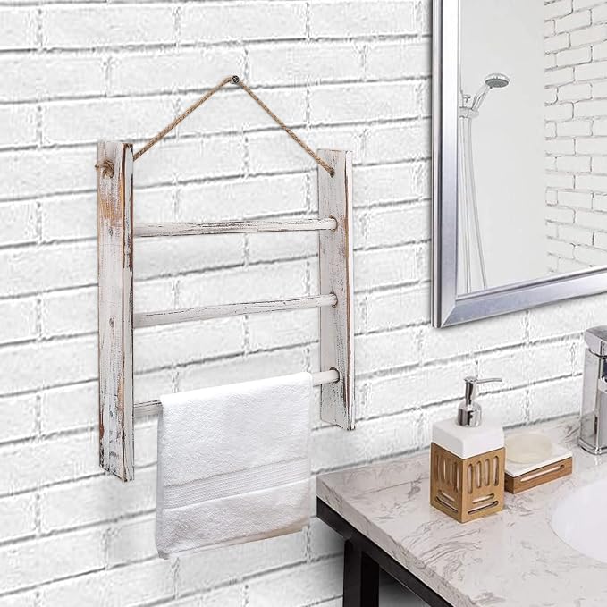 Rustic Wood Ladder Hand Towel Rack for Bathroom, Farmhouse Blanket Ladder for Living Room Hanging Decorative Rack for Blankets Whitewashed Towel Rack with Rope (Whitewashed)